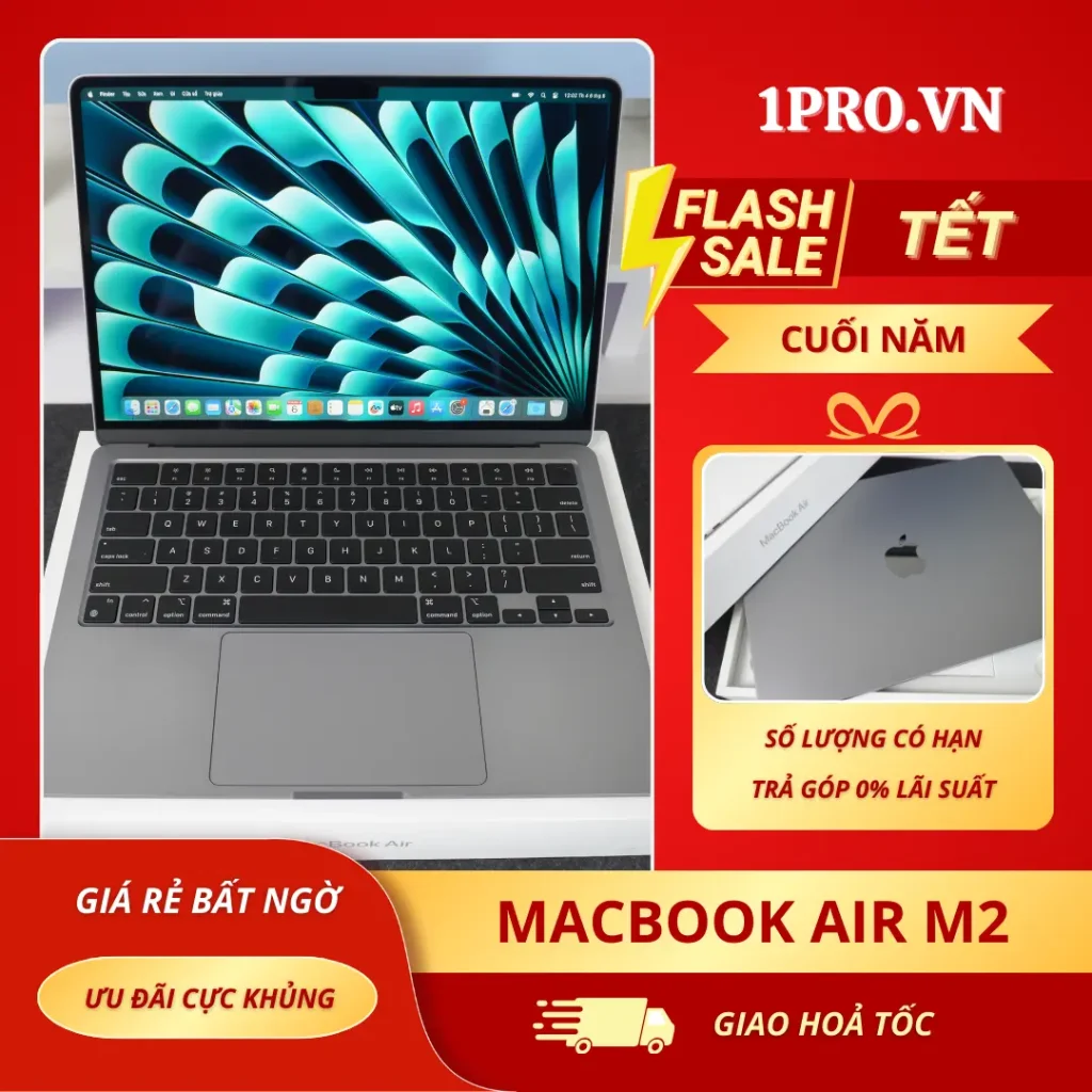 Tổng quan thiết kế Macbook Air M2 màu Midnight trên bàn làm việc